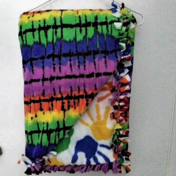 Kids Handprints multicolored with multicolored Tie Dye Fleece Tie Blanket - Picture 4 of 5